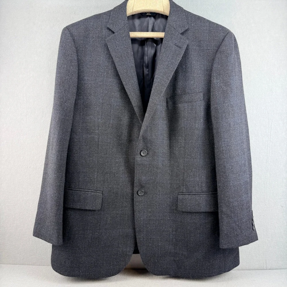 Joseph & Feiss Gold Mens 46R Blazer Jacket 100% Wool Gray Blue Plaid‎ 2-Button